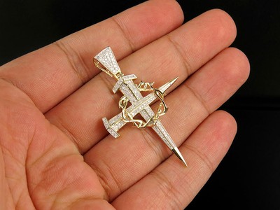 Pre-owned Jewelry Unlimited 10k Yellow Gold Crown Of Thorns Nail Cross Genuine Diamond Pendant Charm .38 Ct In H-i