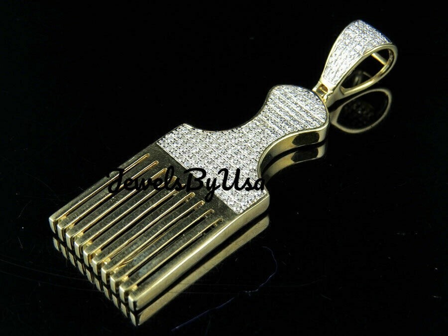 Pre-owned Nsg Men's 3ct Vvs Moissanite Afro Pick Brush Charm Pendant Yellow Gold Plated Silver