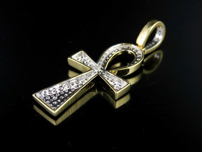 Pre-owned Jewelry Unlimited Men's 10k Yellow Gold Genuine Diamond Egyptian Ankh Cross Pendant 1/5 Ct 1.4" In H-i