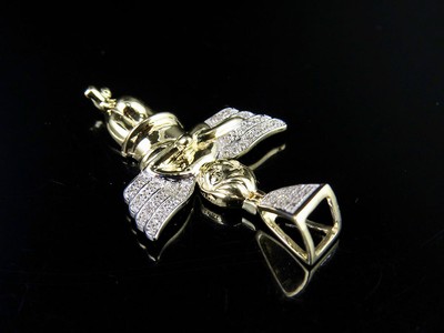 Pre-owned Jewelry Unlimited Men's 10k Yellow Gold Real Diamond Wing Angel Cherub Pendant Charm 0.15ct 1.5" In H-i