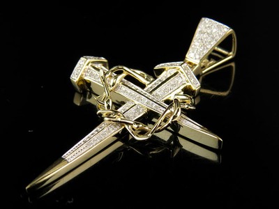 Pre-owned Jewelry Unlimited 10k Yellow Gold Crown Of Thorns Nail Cross Genuine Diamond Pendant Charm .38 Ct In H-i