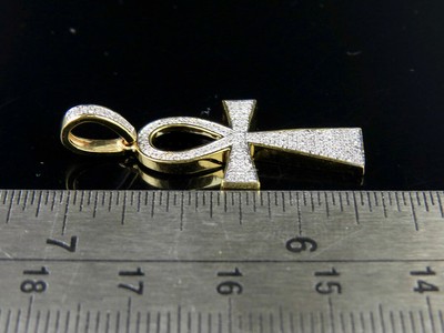 Pre-owned Jewelry Unlimited Men's 10k Yellow Gold Genuine Diamond Egyptian Ankh Cross Pendant 1/5 Ct 1.4" In H-i
