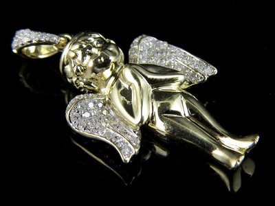 Pre-owned Jewelry Unlimited 10k Yellow Gold Angel Cherub Genuine Diamond Combo With Chain Set 0.25ct