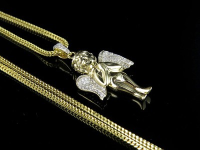 Pre-owned Jewelry Unlimited 10k Yellow Gold Angel Cherub Genuine Diamond Combo With Chain Set 0.25ct