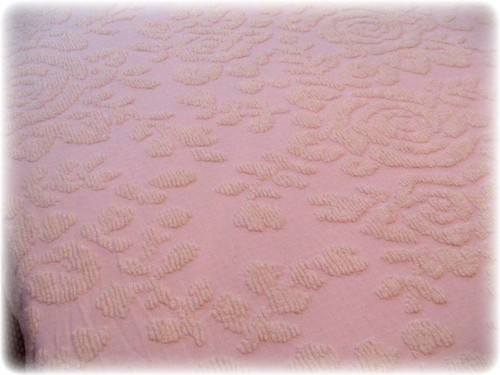 Vintage Chenille Bedspread Baby Pink Mid Century Modern Raised Cabbage Rose EUC