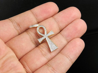 Pre-owned Jewelry Unlimited Men's 10k Yellow Gold Genuine Diamond Egyptian Ankh Cross Pendant 1/5 Ct 1.4" In H-i