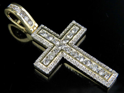 Pre-owned Jewelry Unlimited Men's 10k Yellow Gold Genuine Diamond Channel Cross Pendant Charm 1.50ct 1.5"