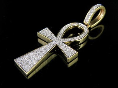 Pre-owned Jewelry Unlimited Men's 10k Yellow Gold Genuine Diamond Egyptian Ankh Cross Pendant 1/5 Ct 1.4" In H-i