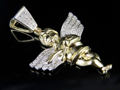 Pre-owned Jewelry Unlimited Men's 10k Yellow Gold Real Diamond Wing Angel Cherub Pendant Charm 0.15ct 1.5" In H-i
