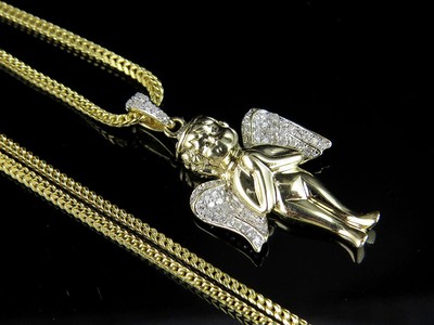 Pre-owned Jewelry Unlimited 10k Yellow Gold Angel Cherub Genuine Diamond Combo With Chain Set 0.25ct