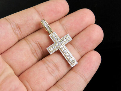 Pre-owned Jewelry Unlimited Men's 10k Yellow Gold Genuine Diamond Channel Cross Pendant Charm 1.50ct 1.5"