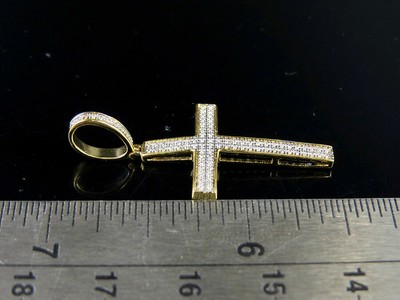Pre-owned Jewelry Unlimited Men's 10k Yellow Gold 2 Rows Genuine Diamond Cross Pendant Charm 0.12 Ct 1.5" In H-i