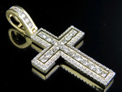 Pre-owned Jewelry Unlimited Men's 10k Yellow Gold Genuine Diamond Channel Cross Pendant Charm 1.50ct 1.5"
