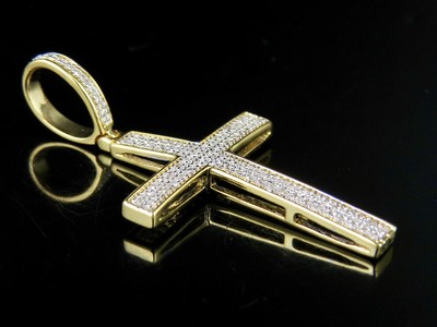 Pre-owned Jewelry Unlimited Men's 10k Yellow Gold 2 Rows Genuine Diamond Cross Pendant Charm 0.12 Ct 1.5" In H-i