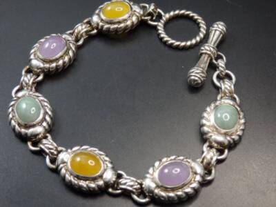 Judith Ripka Multi Color Jade Oval Cabochon Sterling Bracelet 8 in