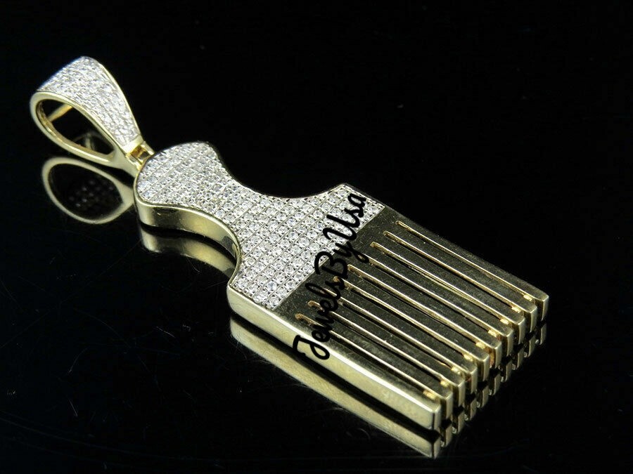 Pre-owned Nsg Men's 3ct Vvs Moissanite Afro Pick Brush Charm Pendant Yellow Gold Plated Silver