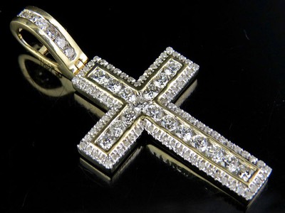 Pre-owned Jewelry Unlimited Men's 10k Yellow Gold Genuine Diamond Channel Cross Pendant Charm 1ct 1.5"