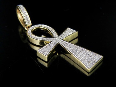 Pre-owned Jewelry Unlimited Men's 10k Yellow Gold Genuine Diamond Egyptian Ankh Cross Pendant 1/5 Ct 1.4" In H-i