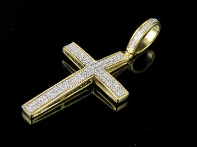 Pre-owned Jewelry Unlimited Men's 10k Yellow Gold 2 Rows Genuine Diamond Cross Pendant Charm 0.12 Ct 1.5" In H-i