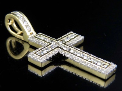 Pre-owned Jewelry Unlimited Men's 10k Yellow Gold Genuine Diamond Channel Cross Pendant Charm 1ct 1.5"