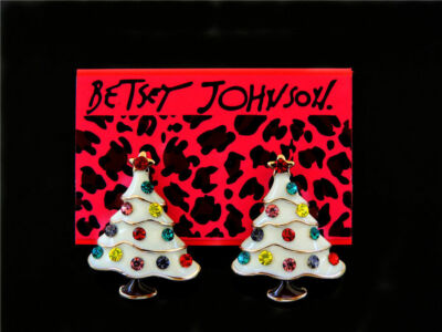 Betsey Johnson Rhinestone White Enamel Christmas Tree Ear Stud Earrings gift bag