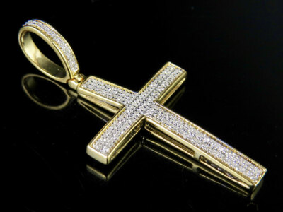 Pre-owned Jewelry Unlimited Men's 10k Yellow Gold 2 Rows Genuine Diamond Cross Pendant Charm 0.12 Ct 1.5" In H-i