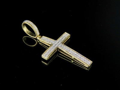 Pre-owned Jewelry Unlimited Men's 10k Yellow Gold 2 Rows Genuine Diamond Cross Pendant Charm 0.12 Ct 1.5" In H-i