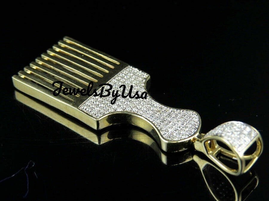Pre-owned Nsg Men's 3ct Vvs Moissanite Afro Pick Brush Charm Pendant Yellow Gold Plated Silver