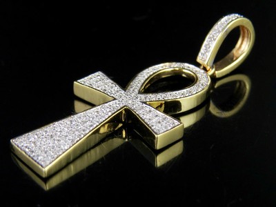 Pre-owned Jewelry Unlimited Men's 10k Yellow Gold Genuine Diamond Egyptian Ankh Cross Pendant 1/5 Ct 1.4" In H-i