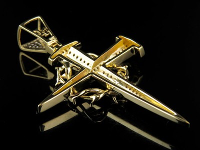 Pre-owned Jewelry Unlimited 10k Yellow Gold Crown Of Thorns Nail Cross Genuine Diamond Pendant Charm .38 Ct In H-i