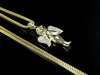 Pre-owned Jewelry Unlimited 10k Yellow Gold Angel Cherub Genuine Diamond Combo With Chain Set 0.25ct