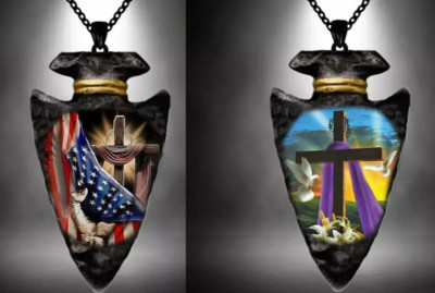 Trendy American Flag Cross & Unique Cross Pattern Arrowhead Pendant Necklace 2PC