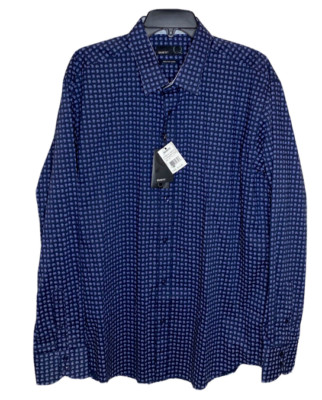 QUIETI Long Sleeve Mens Shirt  Navy Checks Button-Down 100% Fine Cotton [XXL]