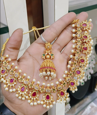 Bollywood Style Indian Gold Plated Choker Necklace CZ Ruby Pearl Jewelry Set