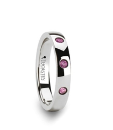 Polished Rounded Tungsten Wedding Ring w/3 Pink Sapphires 4mm Sizes 3.5 to 9.5