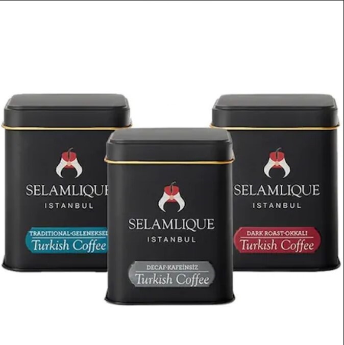 Selamlique Ground Premium Turkish Coffee 125 Gram Metal Box 8 Flavor 