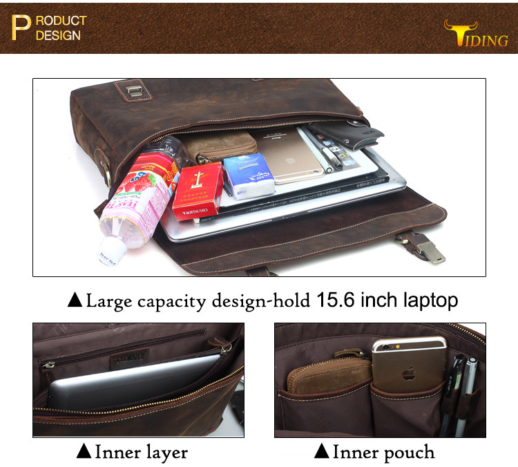 TIDING RETRO LEATHER MENS 14'' LAPTOP BRIEFCASE MESSENGER SHOULDER BAG BUSINESS HANDBAG