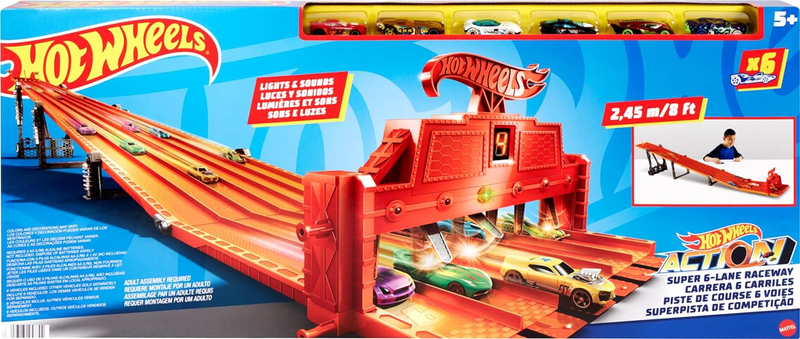 Hot Wheels Super 6-Lane Raceway 1:64 8 Feet Of Racing Action Six Lane Car Track