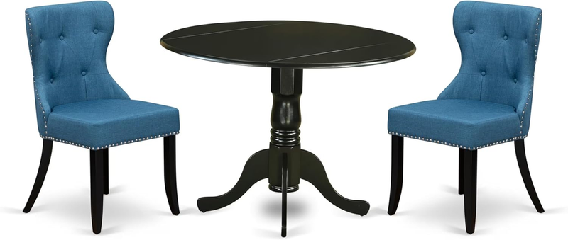 DLSI3-BLK-21 3 Piece Dining Table Set for Small Spaces Contains a round Dining Room Table with Dropleaf and 2 Blue Linen Fabric Parsons Chairs, 42X42 Inch, Black