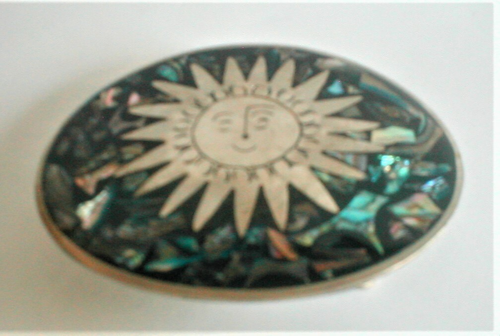 Alpaca Silver Belt Buckle with Abalone Inlay, Vintage 1970's Handmade, Used FINE