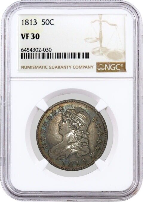 1813 50C Capped Bust Silver Half Dollar NGC VF30 Very Fine Coin Rainbow Toned