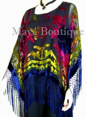 Pre-owned Maya Matazaro Tye Dye Poncho Shawl Fringe Top Burnout Velvet Blue Pink Multi  In Blue Pink Multi-color