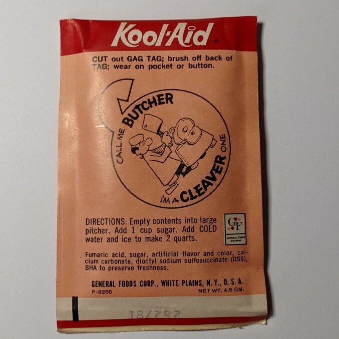 Vintage, 1960s, Kool-Aid Packet, Unopened, Sealed, Cherry w Butcher Gag Tag Back