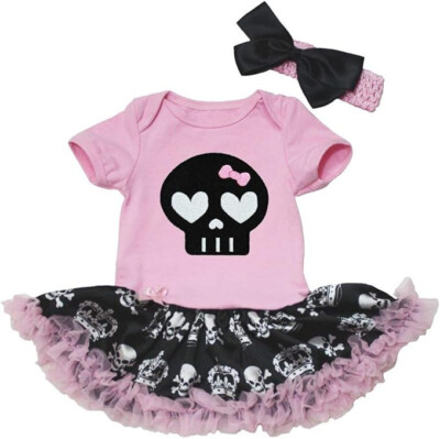 Punk  Baby Petitebelle Black Skull Face Bodysuit Tutu Baby Dress 6-12 Months Old