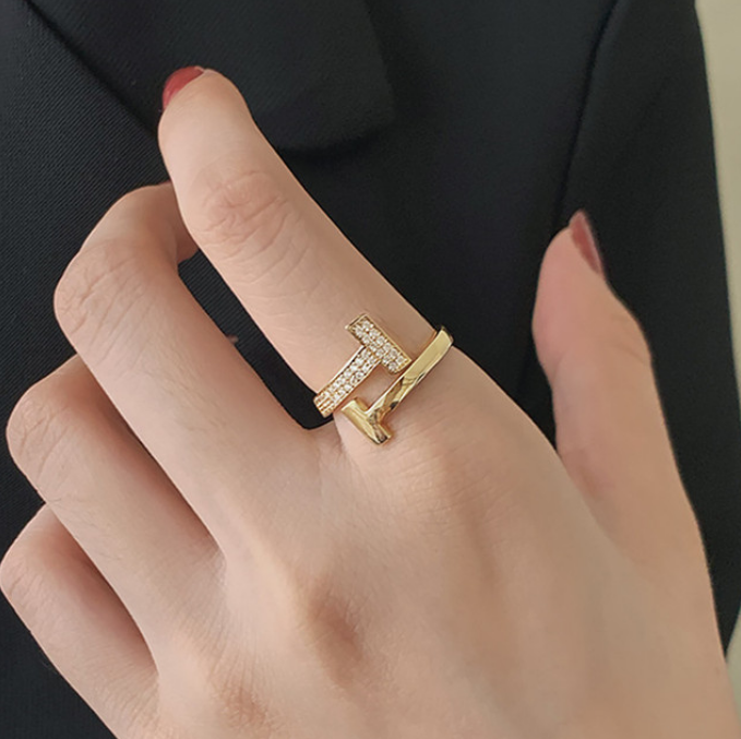 Double T-Shape Gold Pave Cubic Zirconia Adjustable Band Ring
