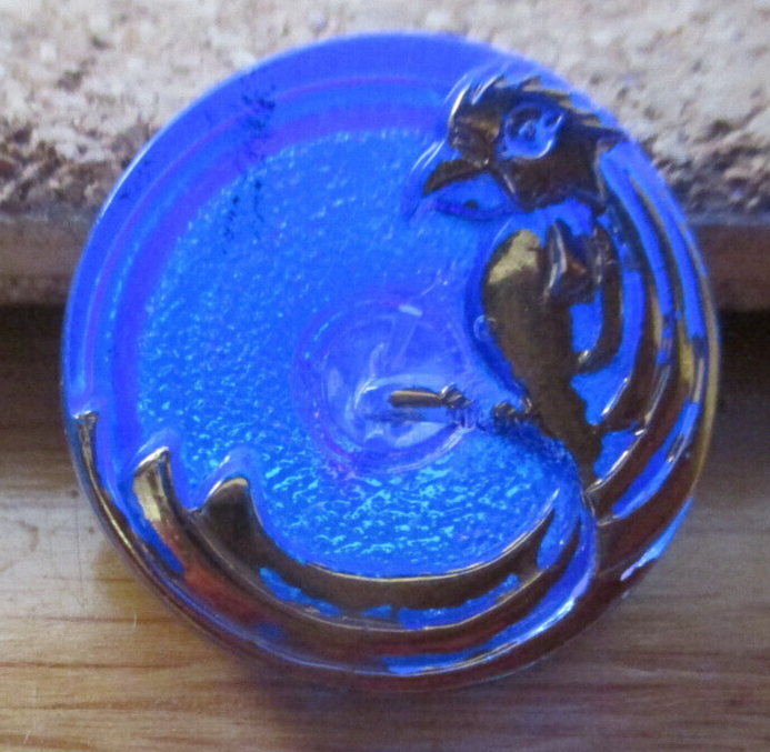 1-Czech Glass Gold Parrot-Iridescent Background-Silver Backed Button #35 20.95mm