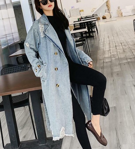 Damen Oversize Mantel Denim Übergang Revers Zweireiher Jeansjacke Gürtel Coats L