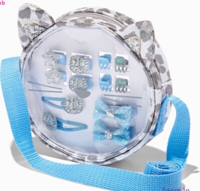 Claire s Club Snow Lepoard Cat Hair Clips Snap Ponytail Holder Purse Bag New