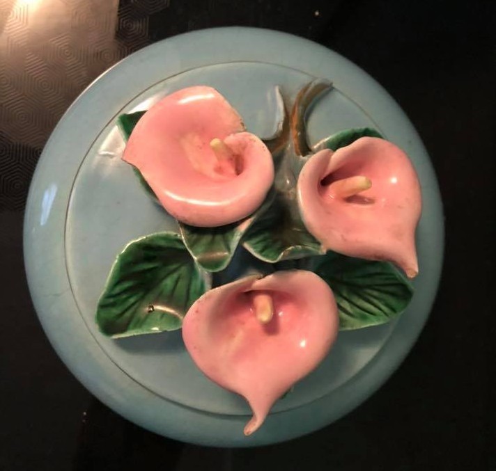 vintage California Pottery Trinket box/bowl pink lily w/lid jewelry