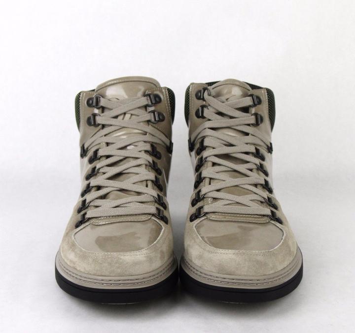 Pre-owned Gucci Men's Tan Patent Leather Suede Hi-top Sneakers 8.5g/us 9 368496 1563 In Brown